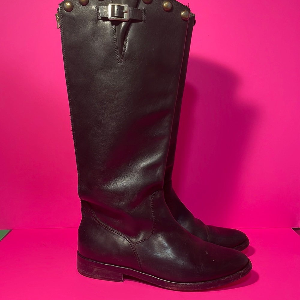Golden Goose Black Tall Leather Riding Boots with Brass Studs